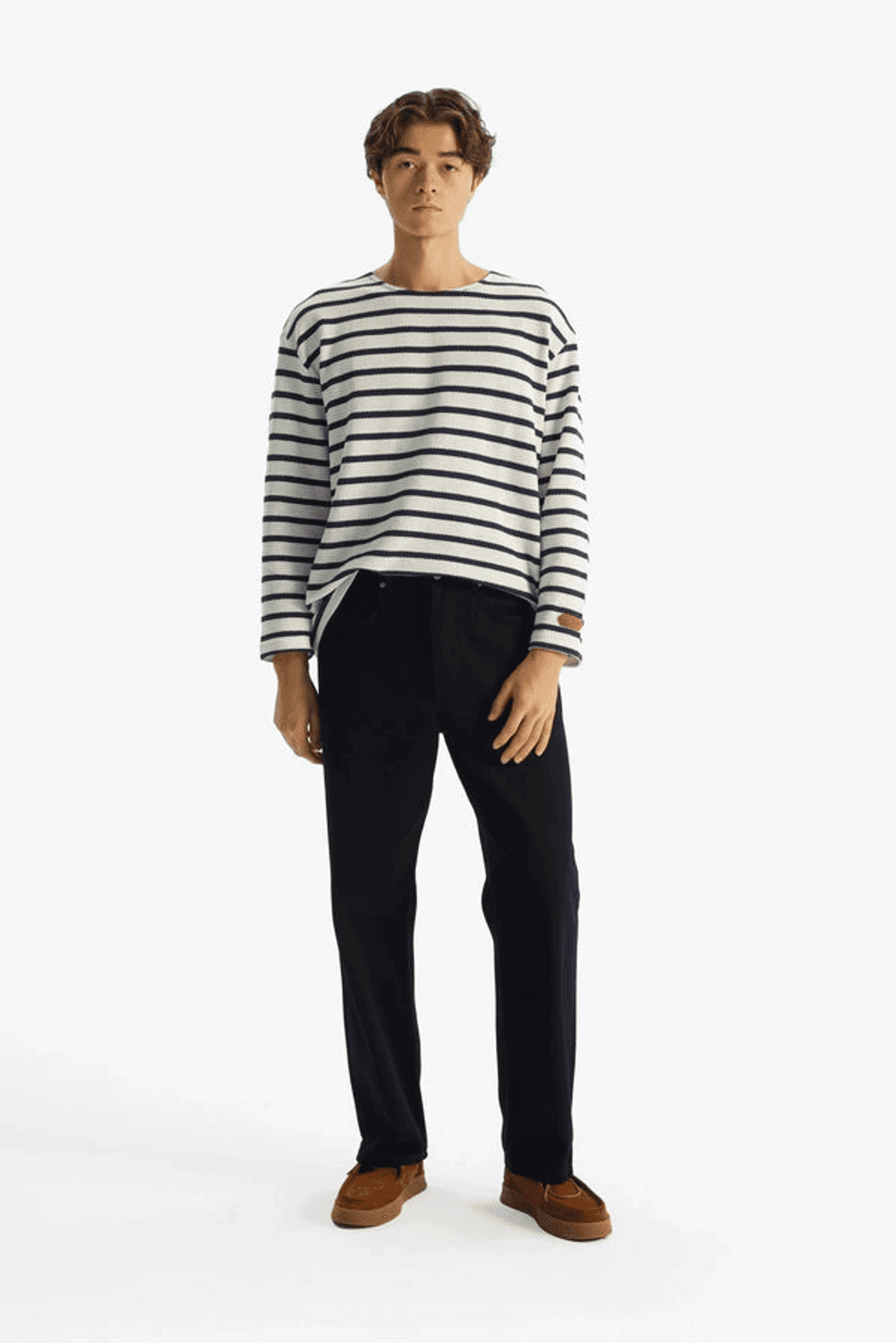 Erkek Bisiklet Yaka Uzun Kol Örme Triko -Beyaz-Lacivert