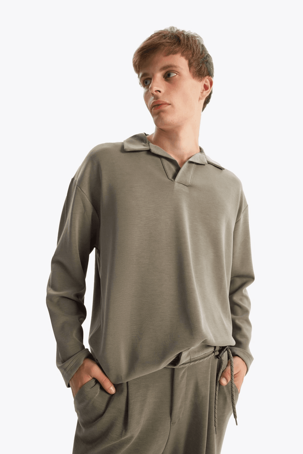 Erkek Polo Yaka Uzun Kol Sweat - Haki