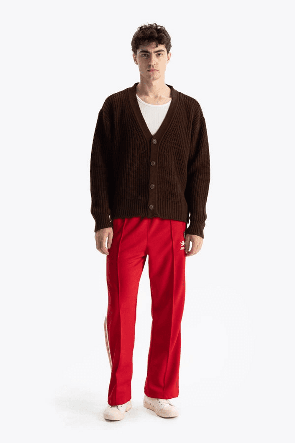 Erkek Owersize Yün V Yaka Hırka -Kahverengi