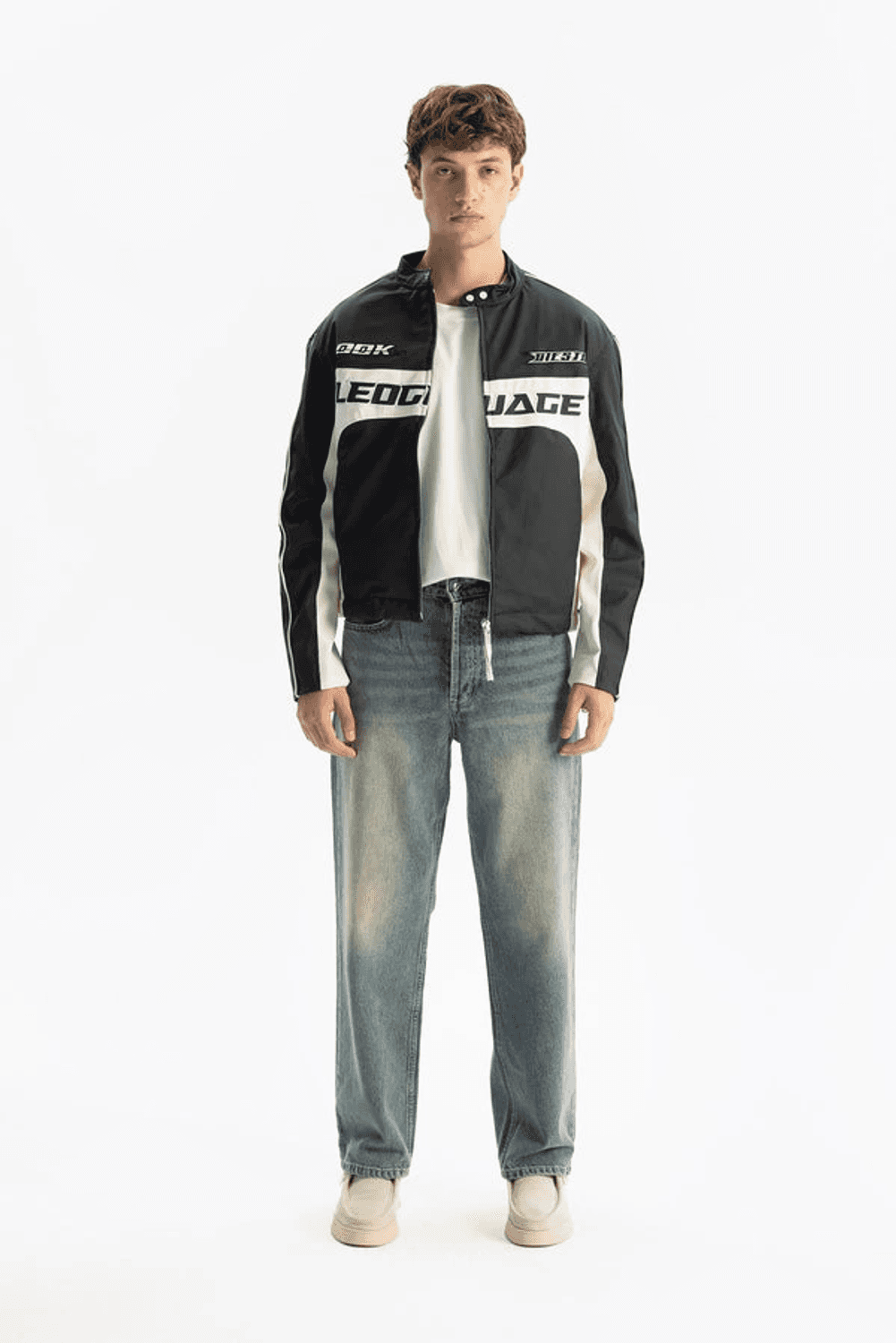 Erkek Owersize Deri Nakışlı Bomber Kolej Mont -Siyah-Gri
