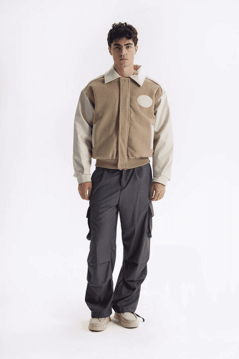 Мужской oversize бомбер из кашемира - бежевый, размеры S, M, L, XL, идеальный для роста 160-195 см, вес 60-95 кг