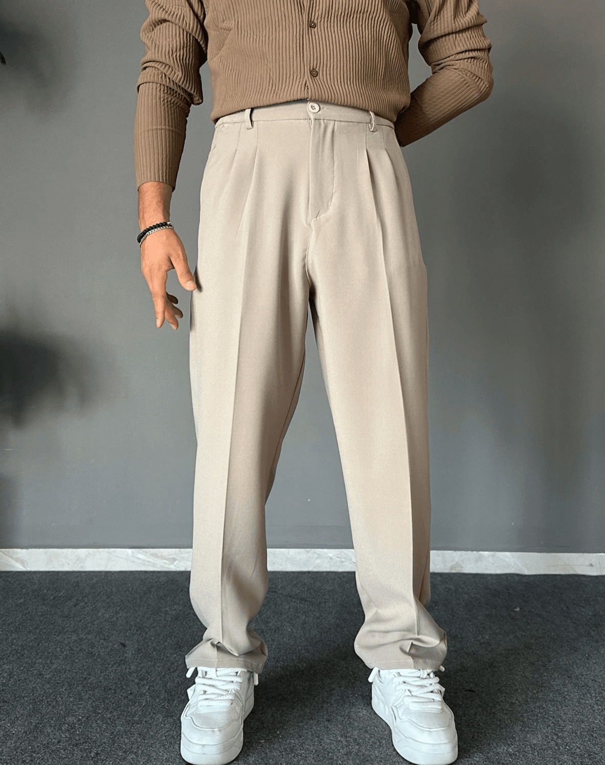 Erkek Beli Lastikli Likralı Kumaş Bagy Pantolon-Krem