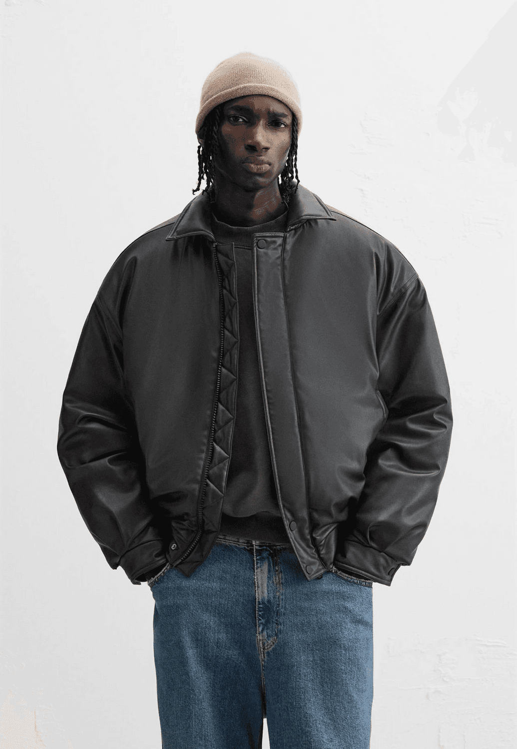 Erkek Owersize Jel Dolgu Deri Mont-Siyah