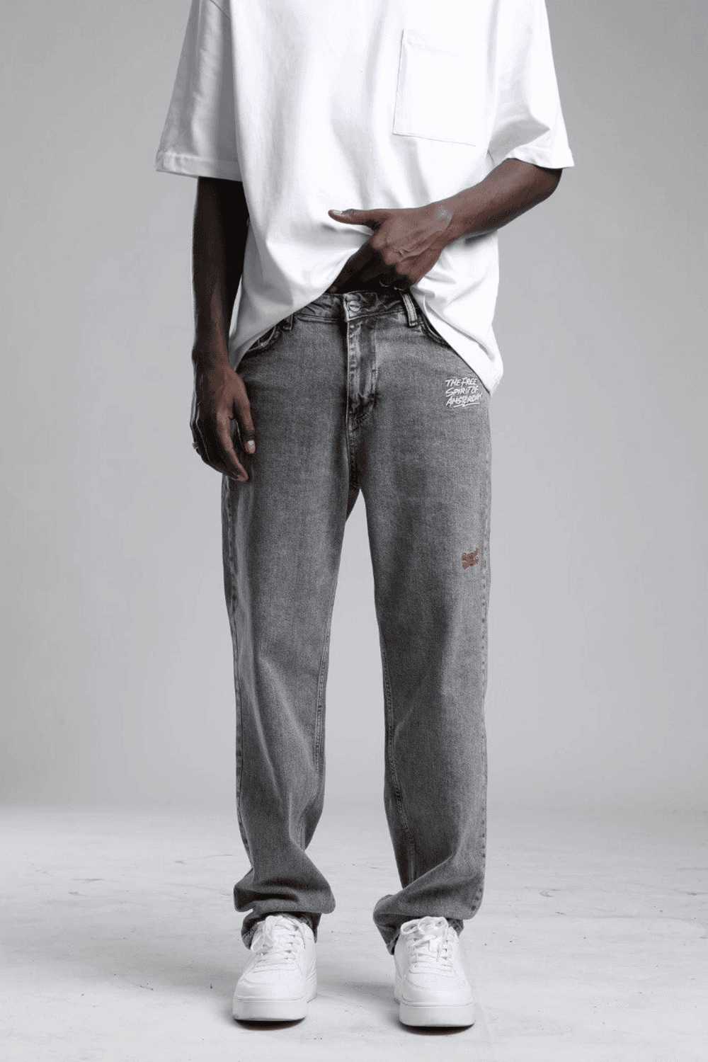 Erkek Rahat Kalıp Nakışlı Bagy Kot Pantolon -Gri