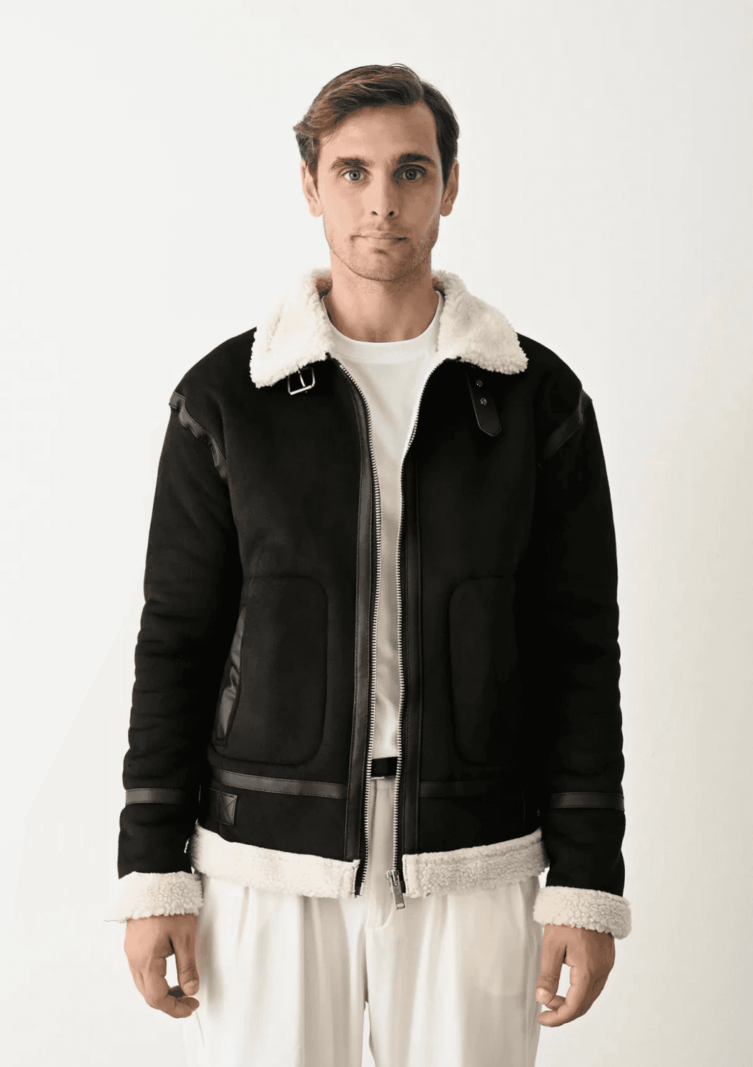 Чоловічий чорний нубуковий утеплений куртка з хутряною підкладкою та застібкою на блискавці