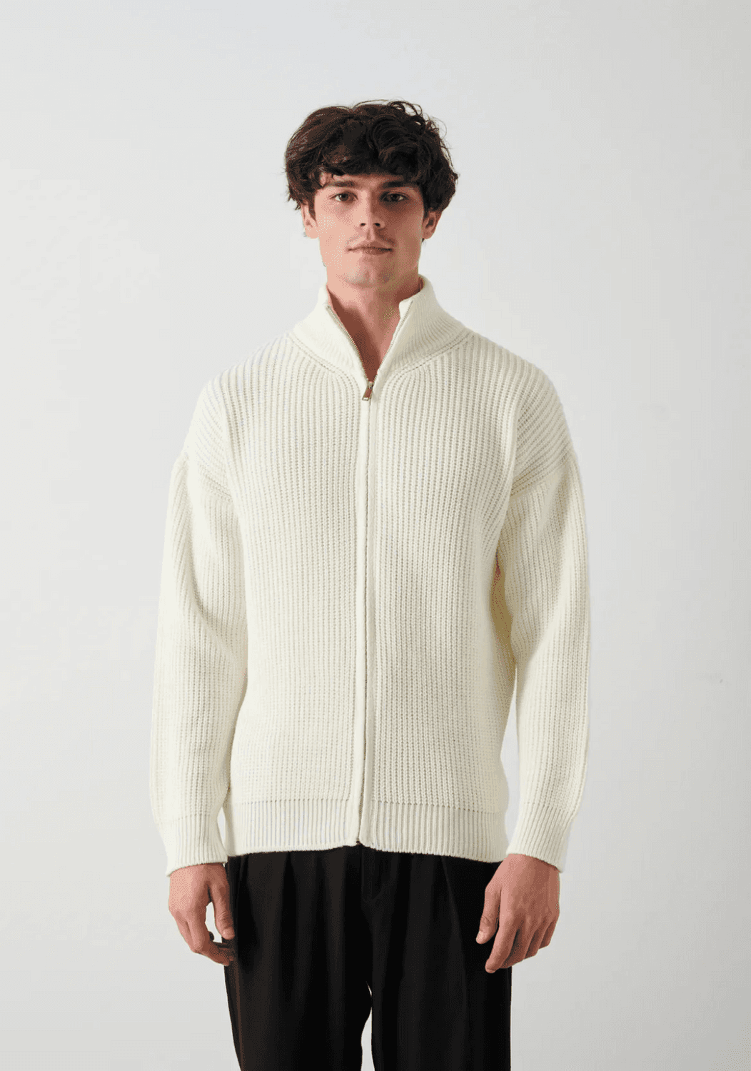 Erkek Owersize Hakim Yaka Fermuarlı Hırka -Beyaz