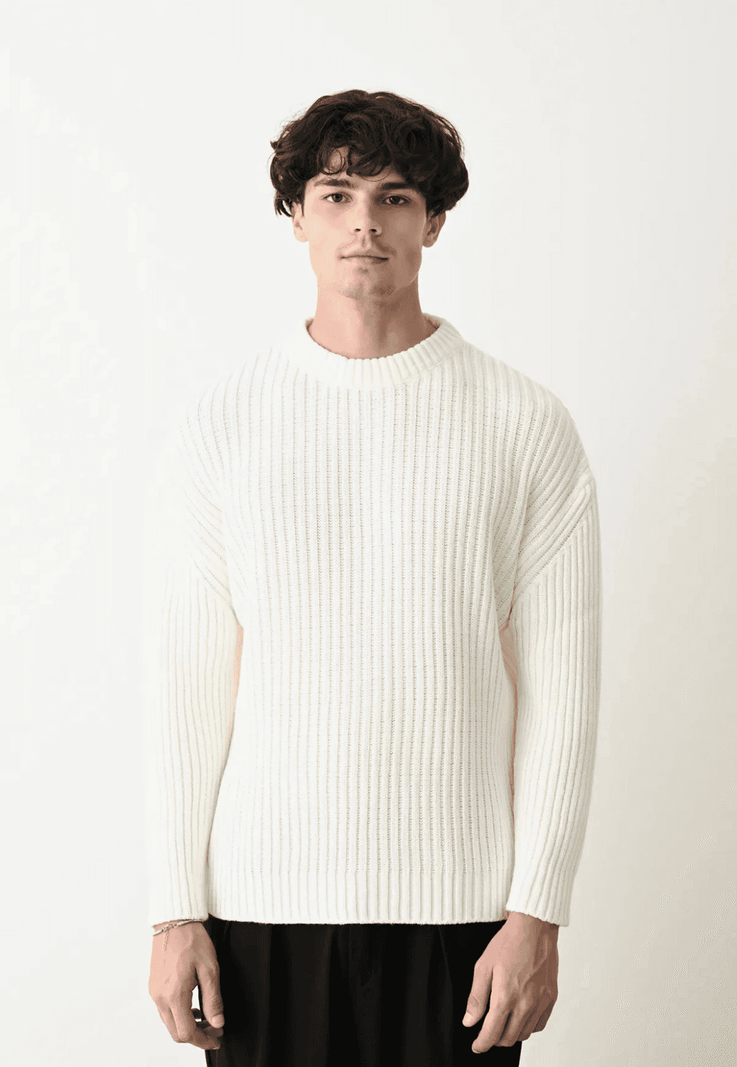 Erkek Bisiklet Yaka Owersıze Örme Triko - Ekru