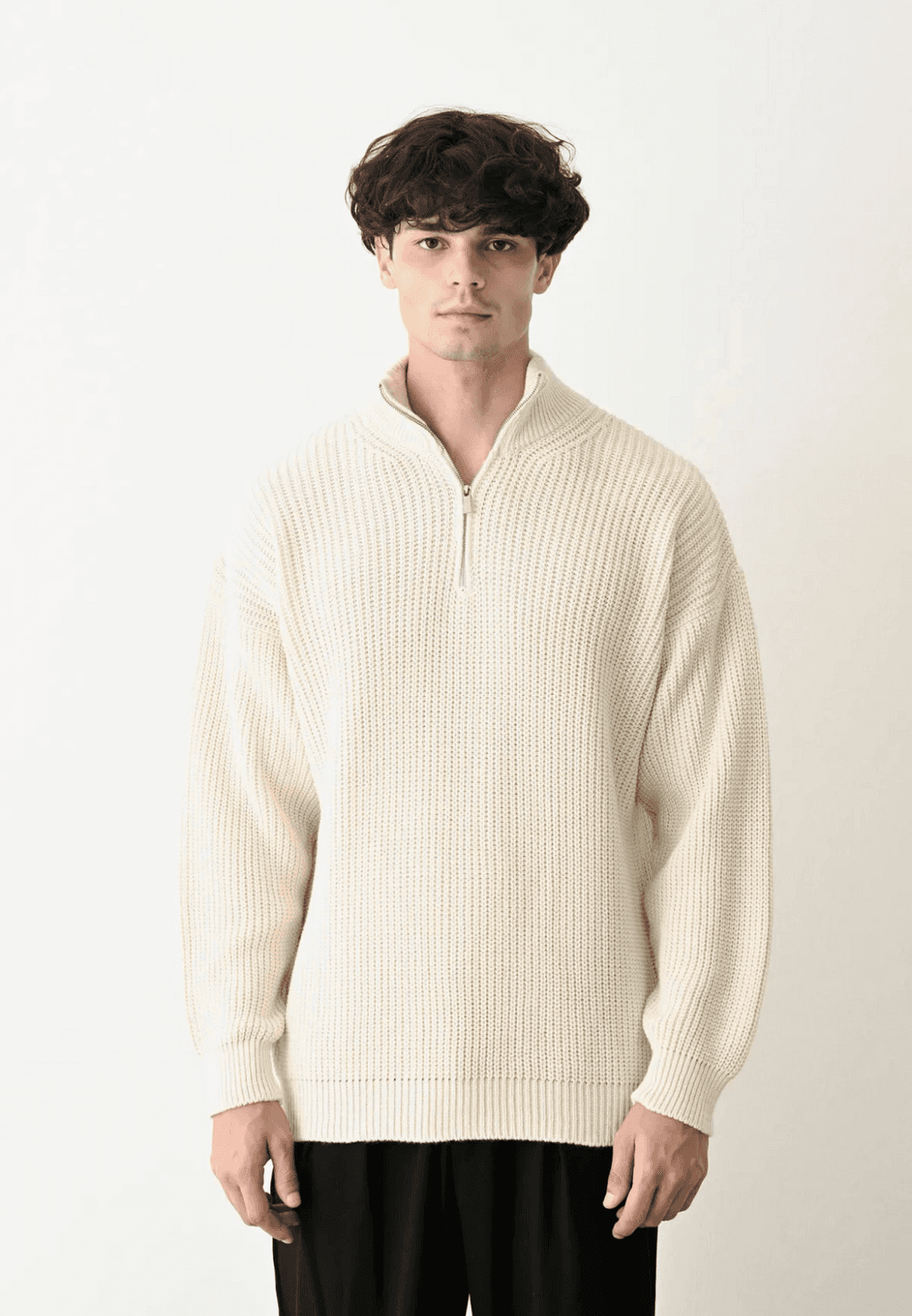 Erkek Hakim Yaka Owersıze Örme Triko - Krem