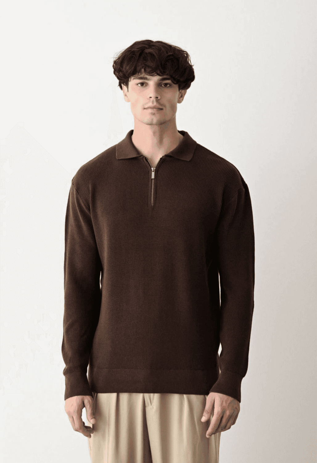 Erkek Polo Yaka Yakası Fermuarlı Uzun Kol Triko -Kahverengi