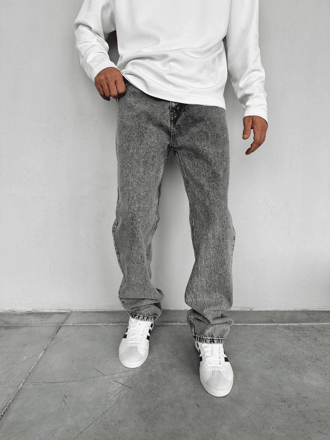 Erkek Rahat Kalıp Baggy Kot Pantolon -Açık Gri