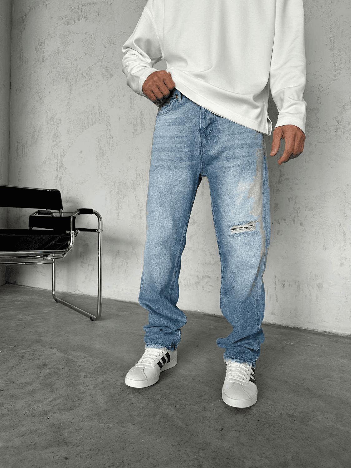 Erkek Rahat Kalıp Baggy Kot Pantolon -A Mavi