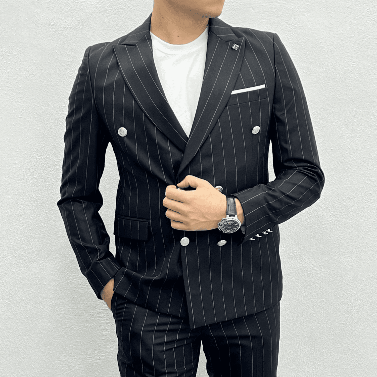 بدلة Slim Fit مخططة للرجال - أسود