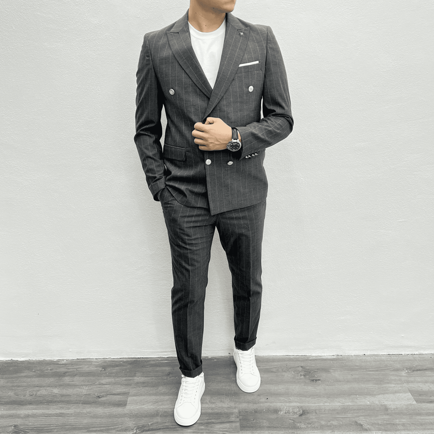 بدلة Slim Fit مخططة للرجال - رمادي