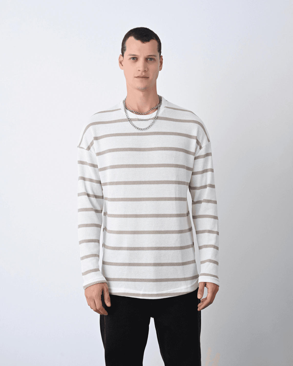 Erkek Owersize Bisiklet Örme İnce Triko-Beyaz-Bej