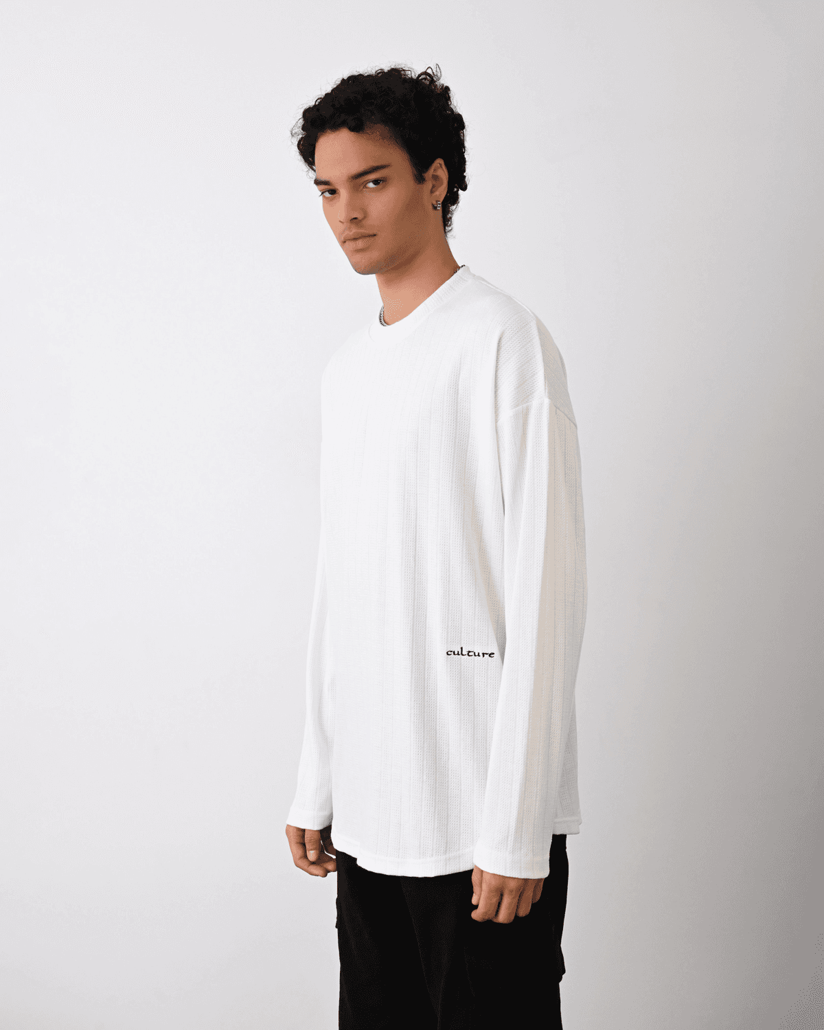 Erkek Owersize Bisiklet Örme İnce Triko-Beyaz