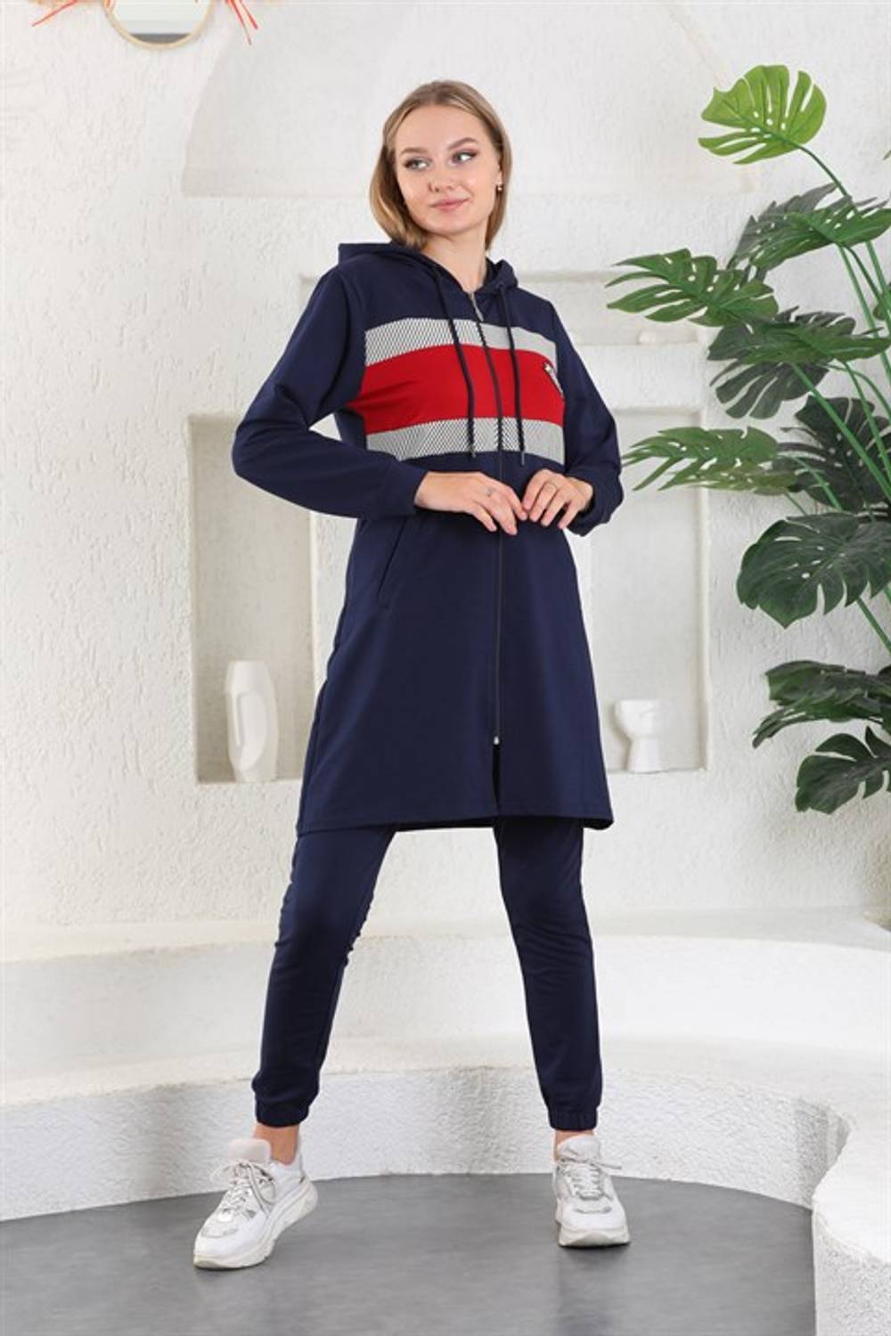 Navy Blue Red Coat Hooded Zippered Sport Trench Cap Jogger Set