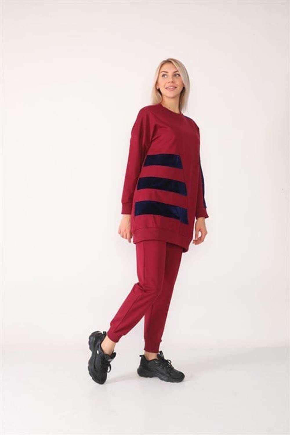 Женский комплект туники и штанов с бархатными вставками, 80% хлопка, размеры S-XXL, стильный и удобный для повседневного ношения