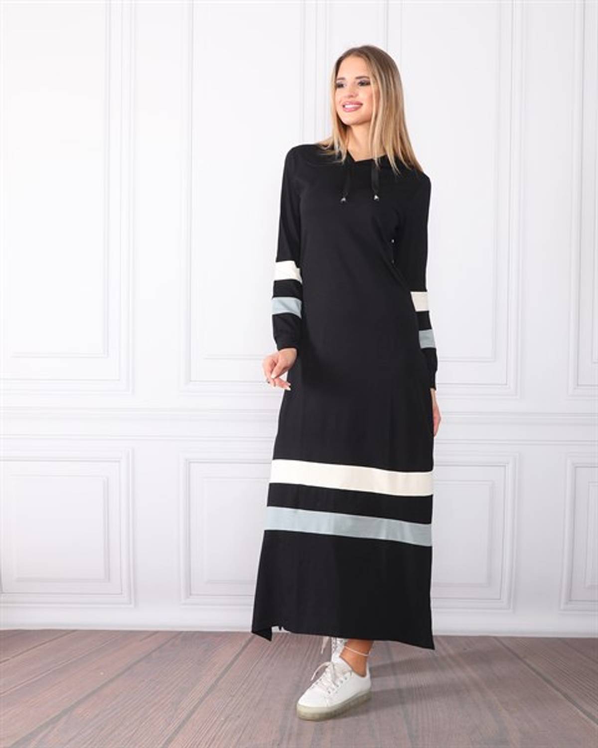 Women's Sleeve And Skirt Striped Hooded Dress