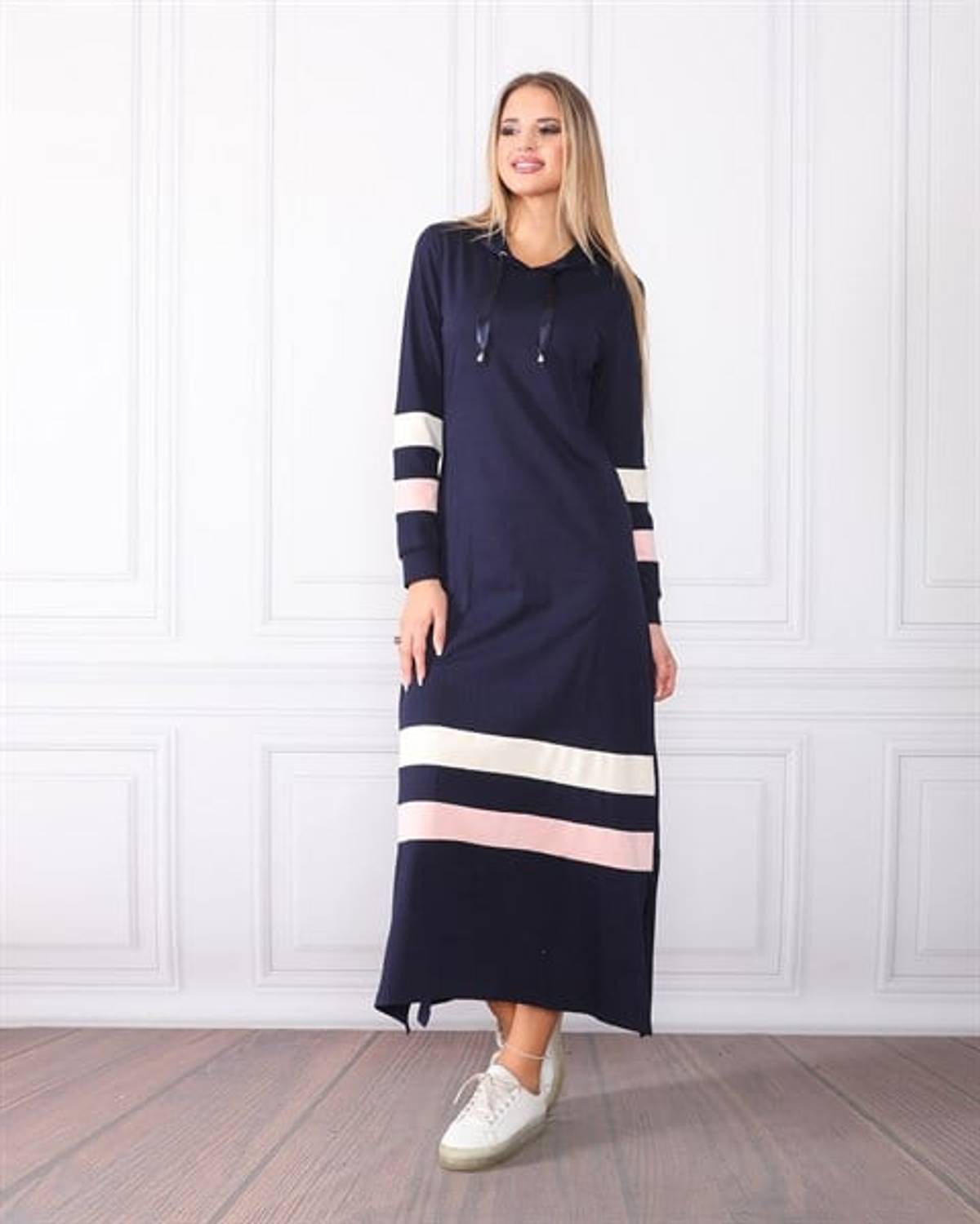 Women's Sleeve And Skirt Striped Hooded Dress