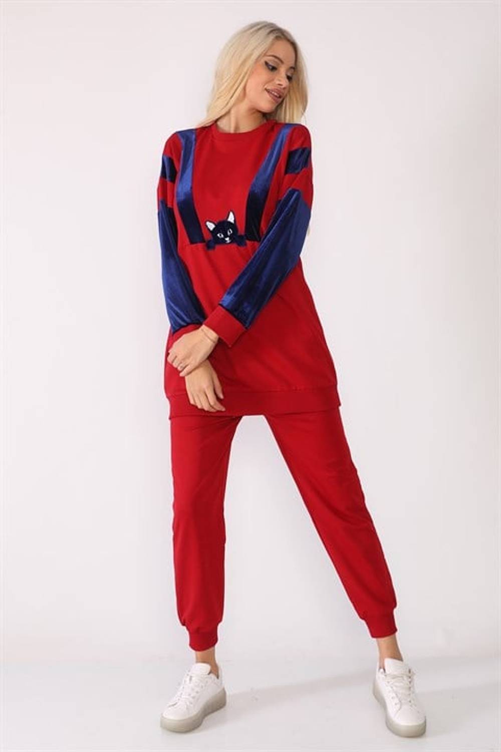 Женский спортивный комплект с бархатными вставками и кошачьим принтом, размеры S, M, L, XL, XXL