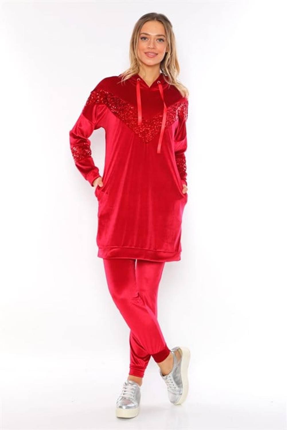 Women's Sequin Detail Hooded Velvet Suit Tracksuit