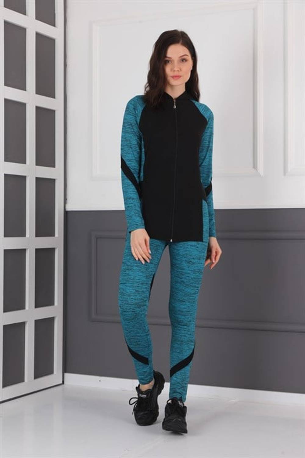 Bayan Yoga - Spor Antreman Eşofman Takımı  - Kapüşonlu - Fermuarlı