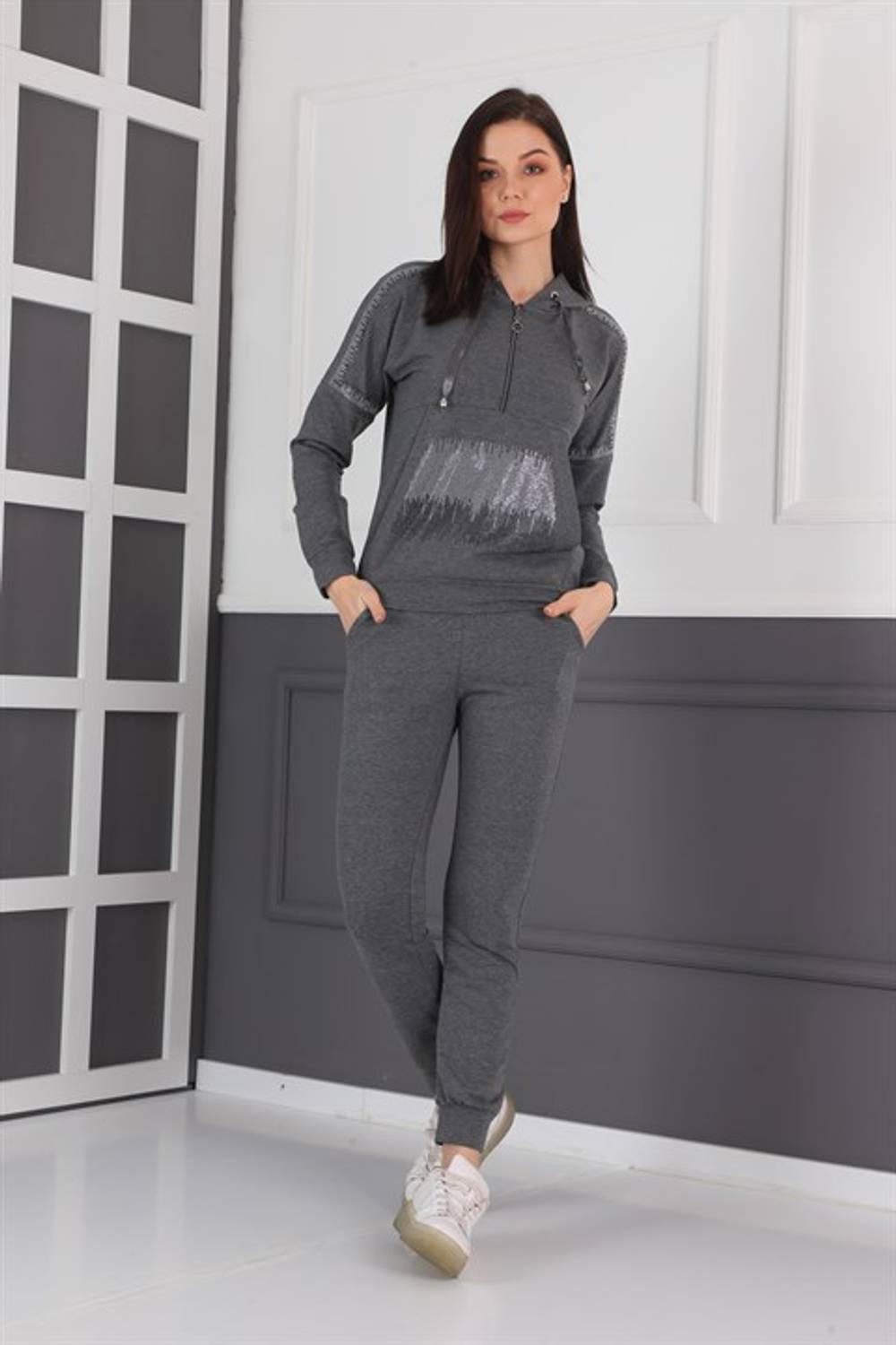 Women's Stone Detailed Half-Zip Hooded Tracksuit Set