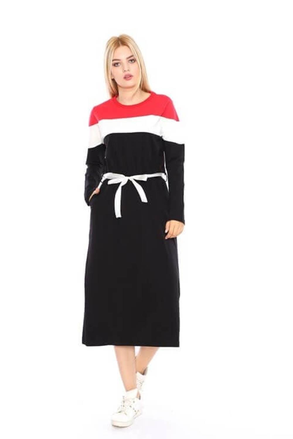 Women's Garnish Pocket Belted Crew Neck Dress