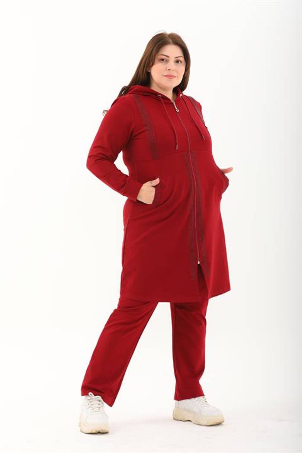 Костюм для спорта с капюшоном и молнией, украшенный камнями, большой размер от XL до 5XL