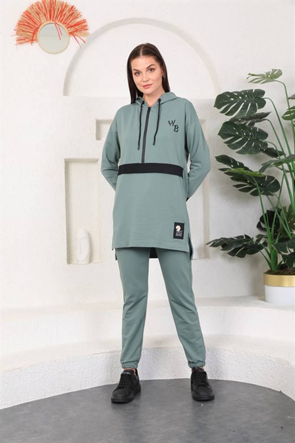 Mint Yeşil Renk Kadın Kapüşonlu Sweatshirt - Jogger  Spor Takım Eşofman