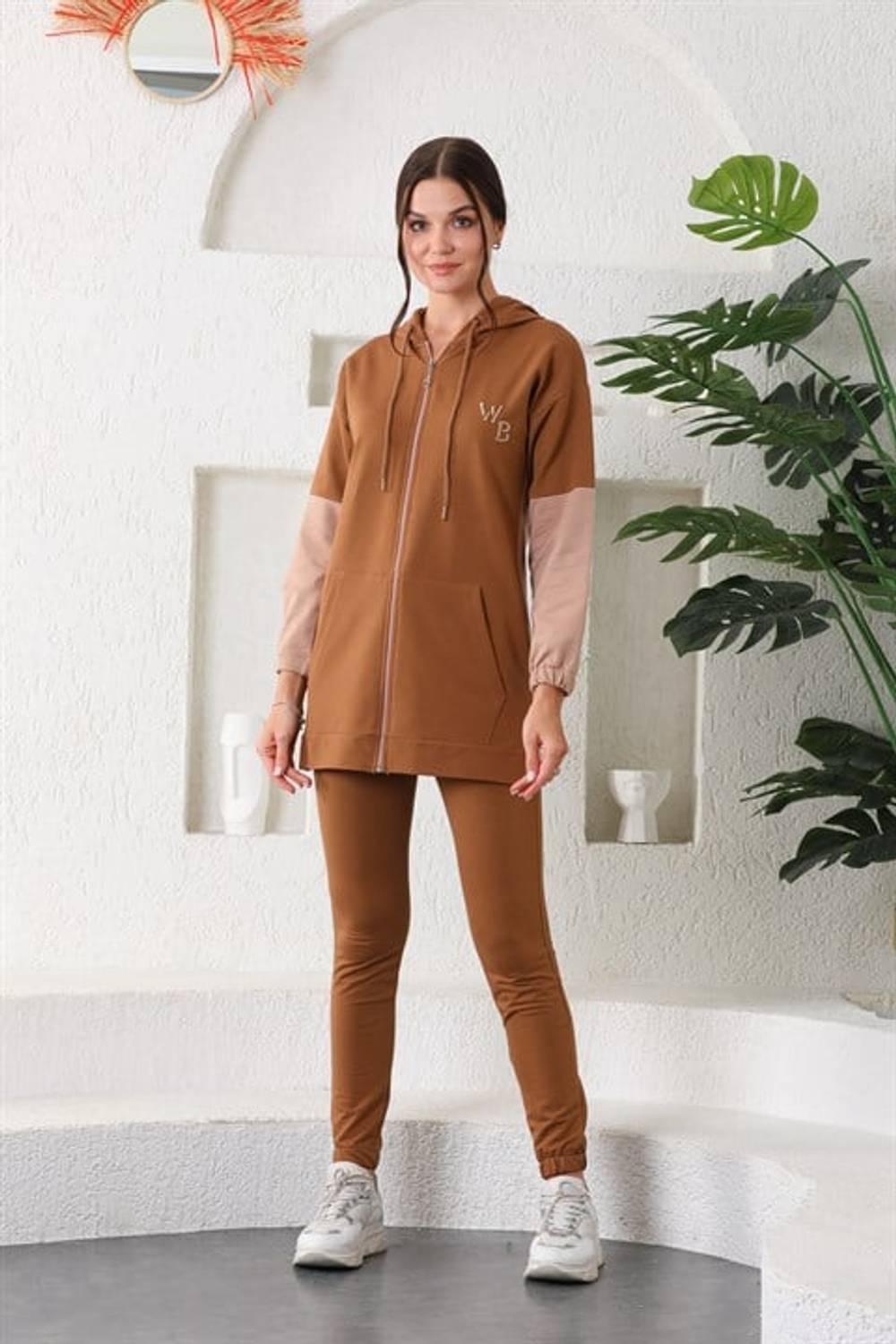Taba Pudra Kadın Kapüşonlu Fermuarlı Tesettür Eşofman Takımı