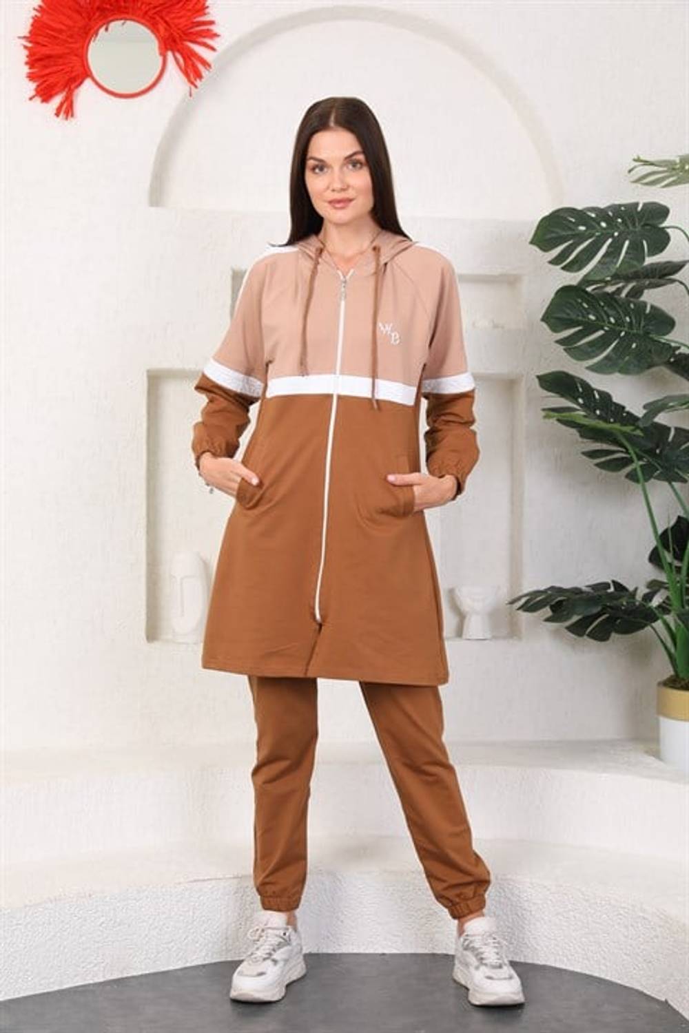 Vizon Kahve Tesettür Kap Jogger Spor Takım 3 Renk Kapüşonlu
