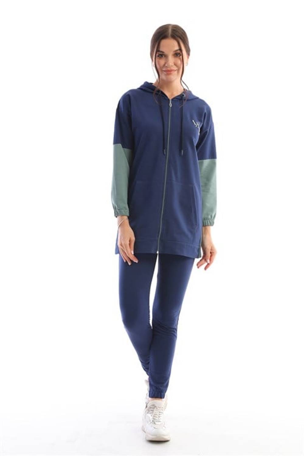 Navy Blue Mint Women's Hooded Zippered Cap- Jogger Tracksuit Set