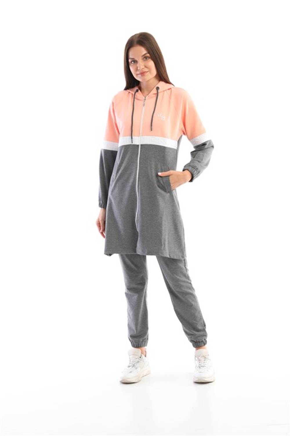 Pudra Gri Tesettür Kap Jogger Spor Takım 3 Renk Kapüşonlu