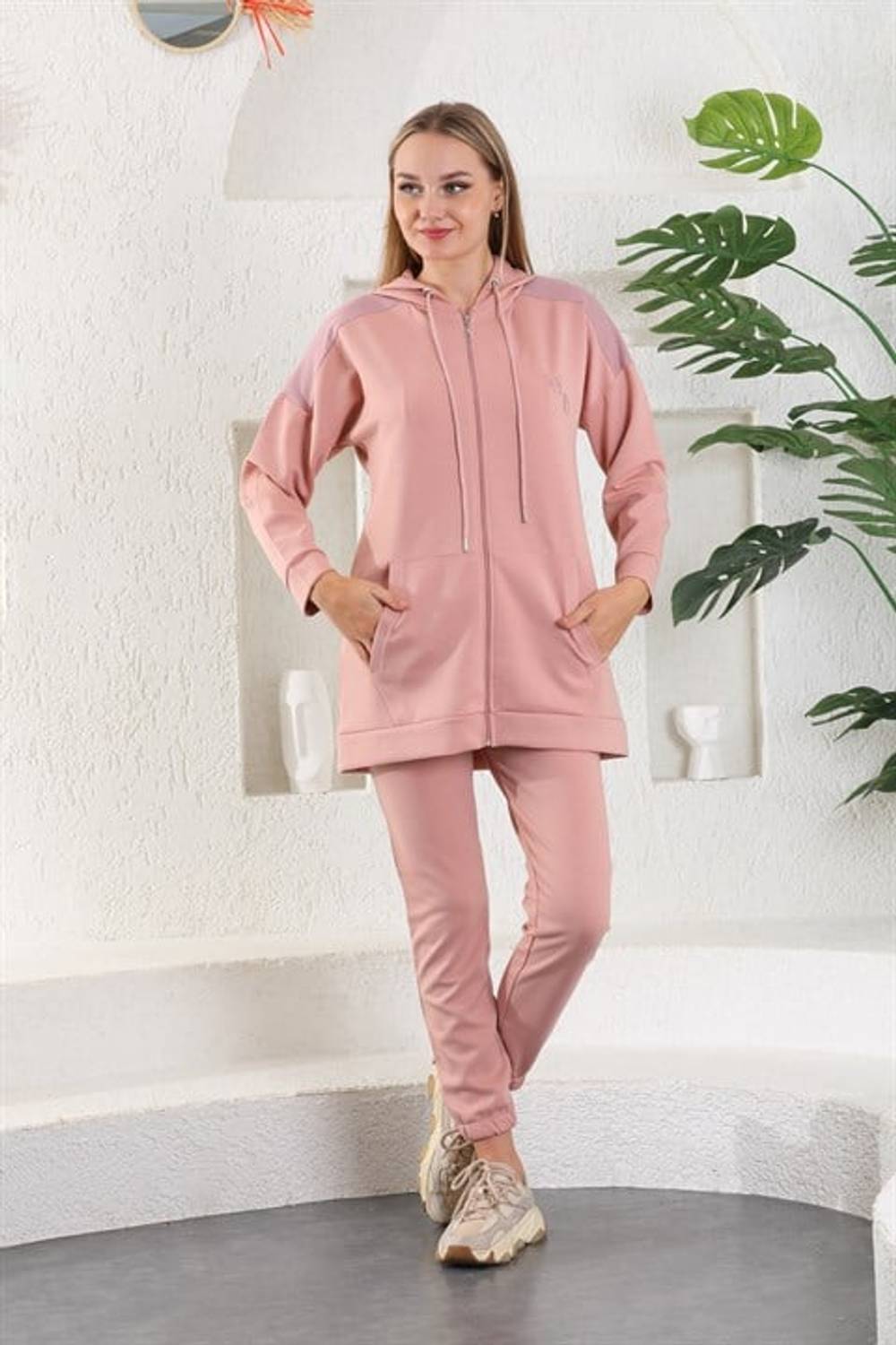 Pudra Lila Kadın Sweatshirt Jogger Takımı  Kapşonlu Fermuarlı Cepli