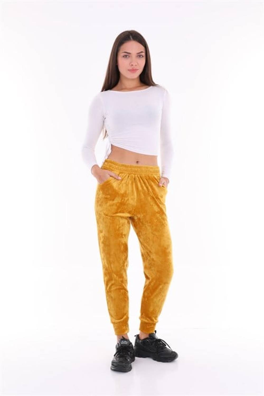 Mustard Color Velvet Sweatpants - Pajamas - Jogger Model