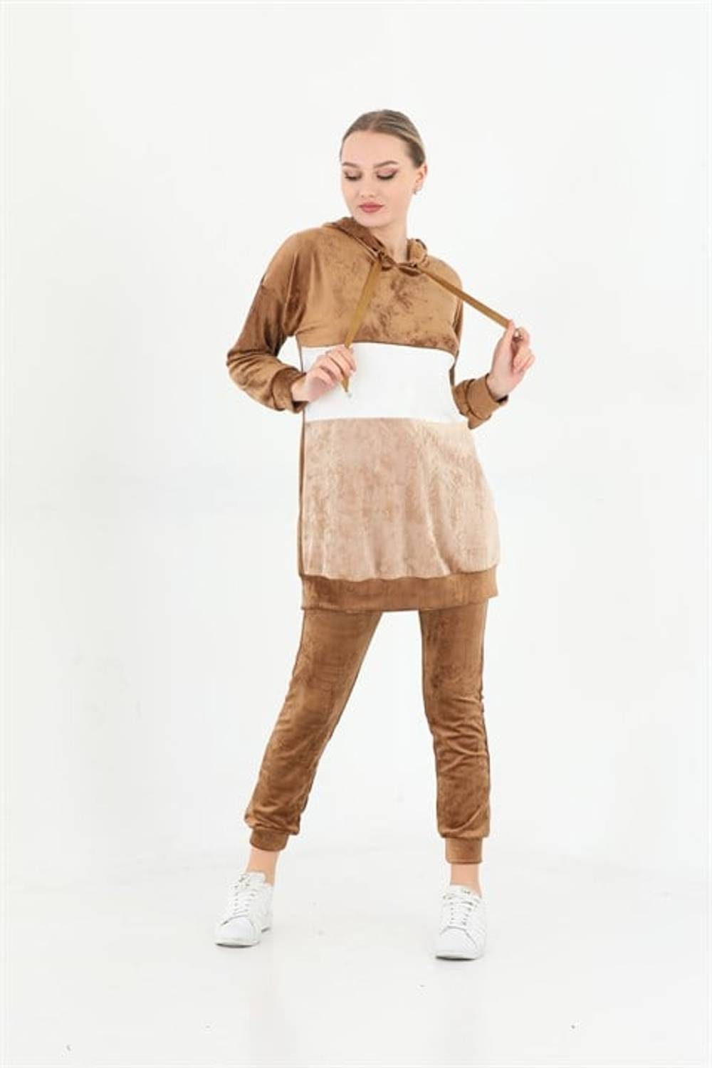 Fransız Kadife Kadın Kapüşonlu Eşofman Takımı - Kahve