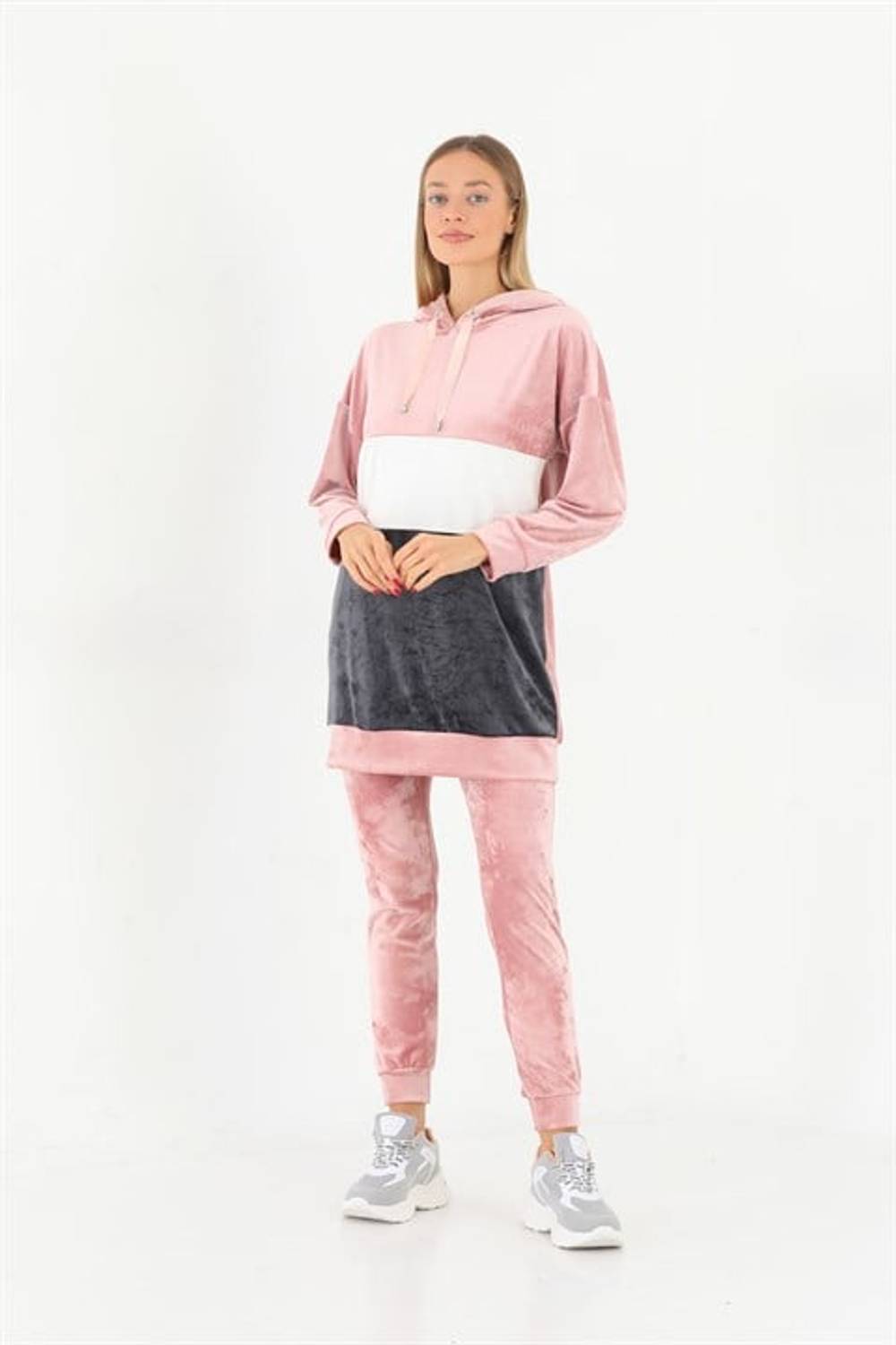 French Velvet Women's Hoodie Tracksuit Set - Powder