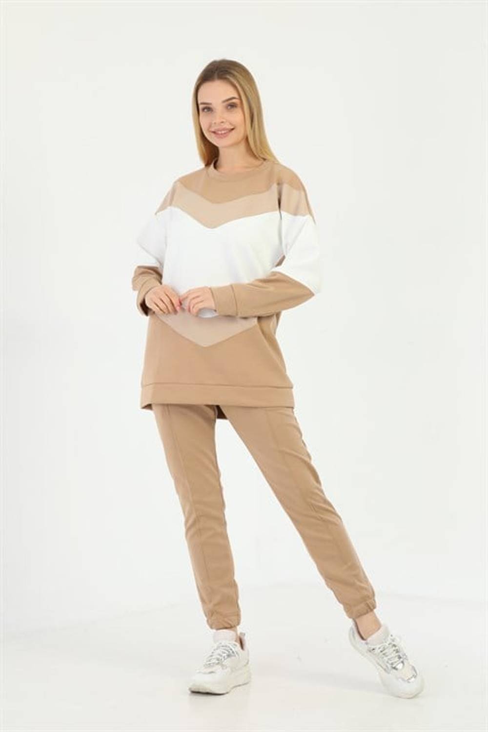 Спортивный костюм с цветным акцентом - Визон, подходит для повседневной носки, с карманами и регулируемым поясом, легкая ткань для осени