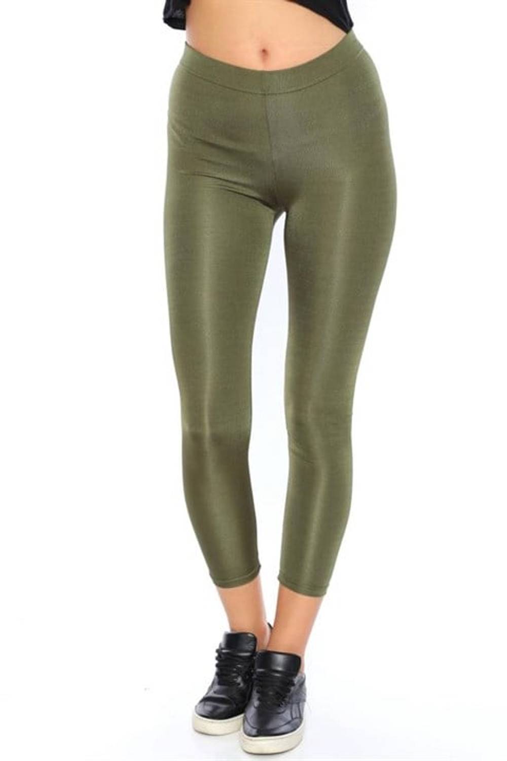 High Waist Shiny Disco Leggings - Khaki Green