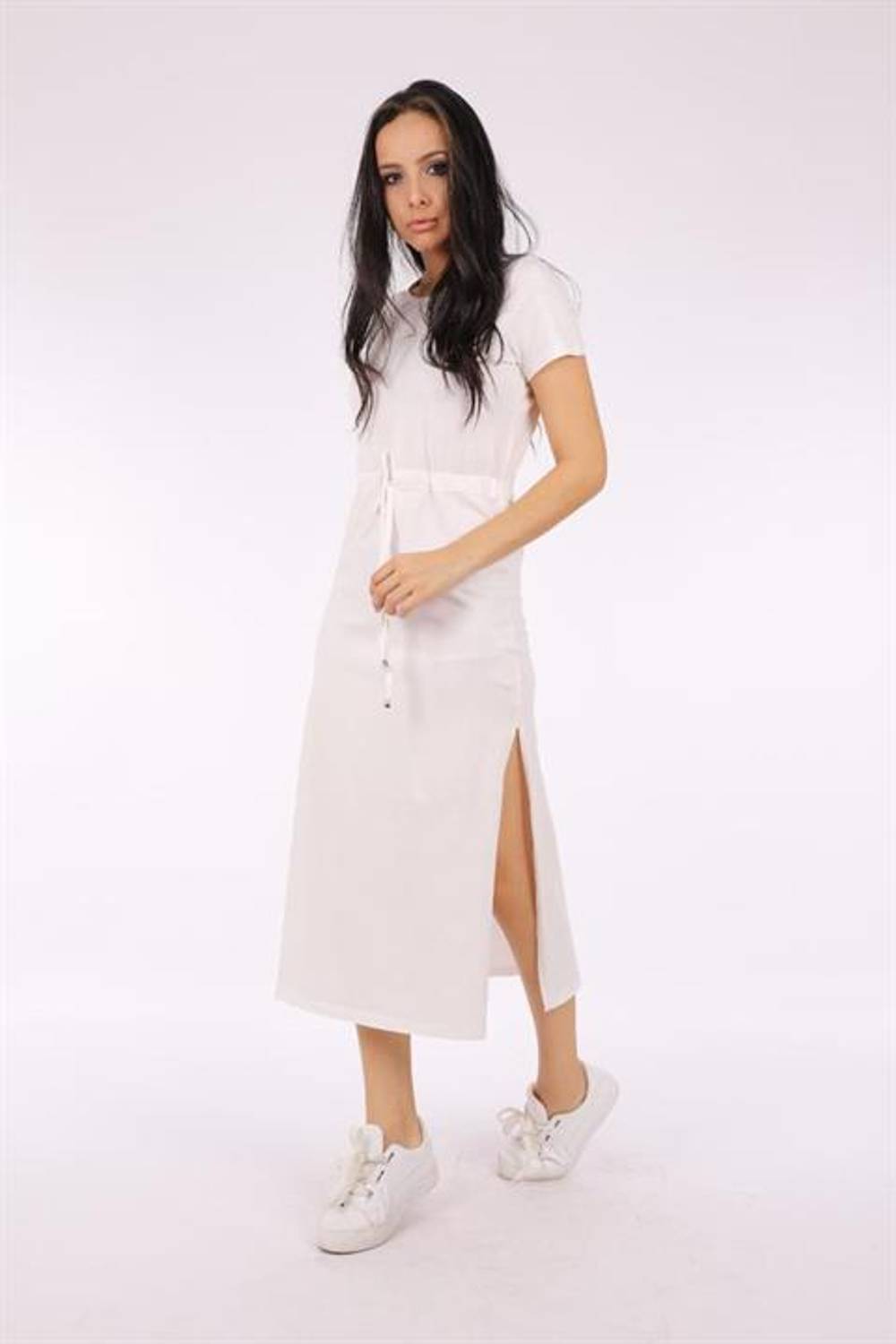 White Bee Embroidered, Striped, Slit Long Sports Dress