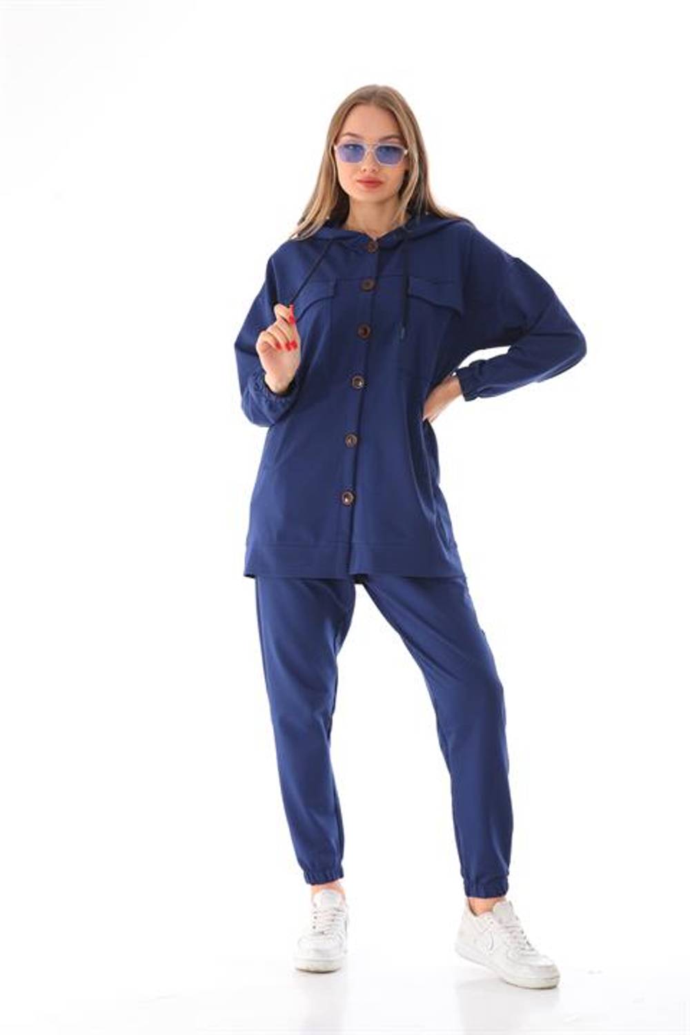 Женский спортивный комплект с большими пуговицами, тёмно-синий, для повседневного использования, с капюшоном и карманами, размеры S-2XL