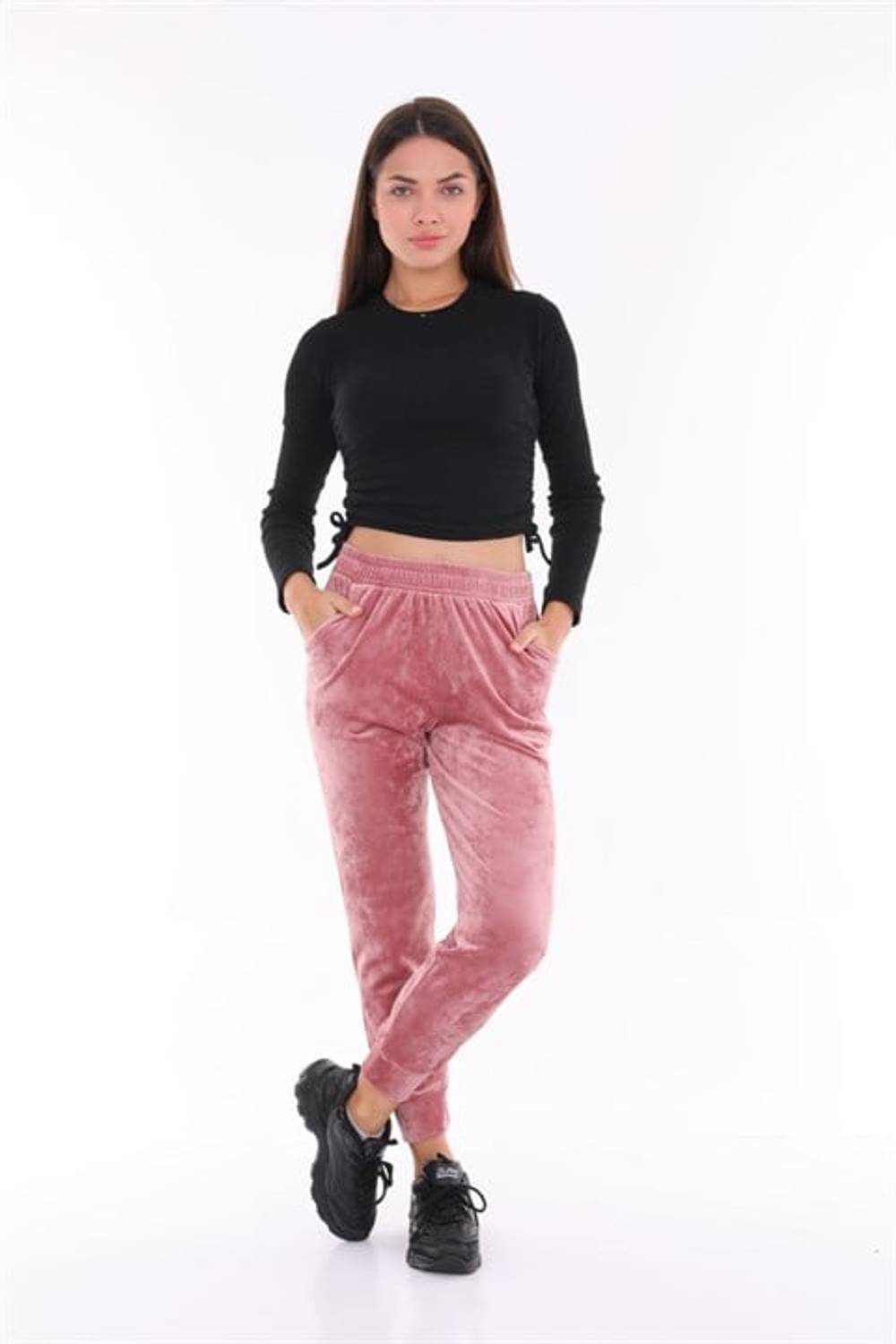 Salmon Color Velvet Sweatpants - Pajamas - Jogger Model