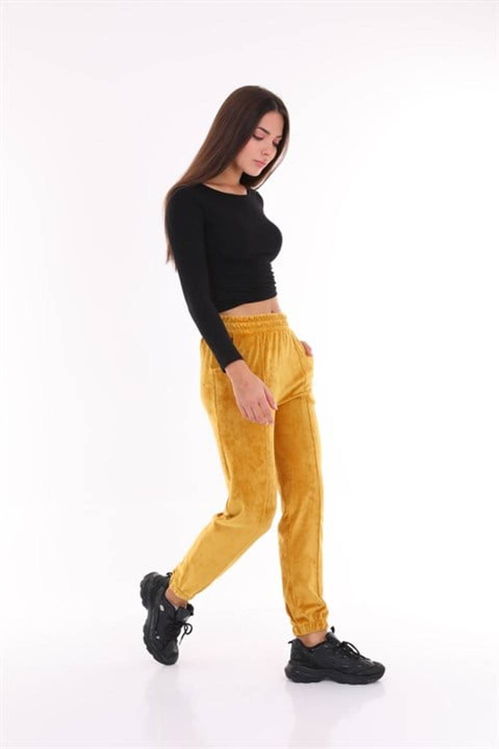 Plus Size Mustard Velvet Women's Sweatpants - Pajamas - Jogger Striped Stripe