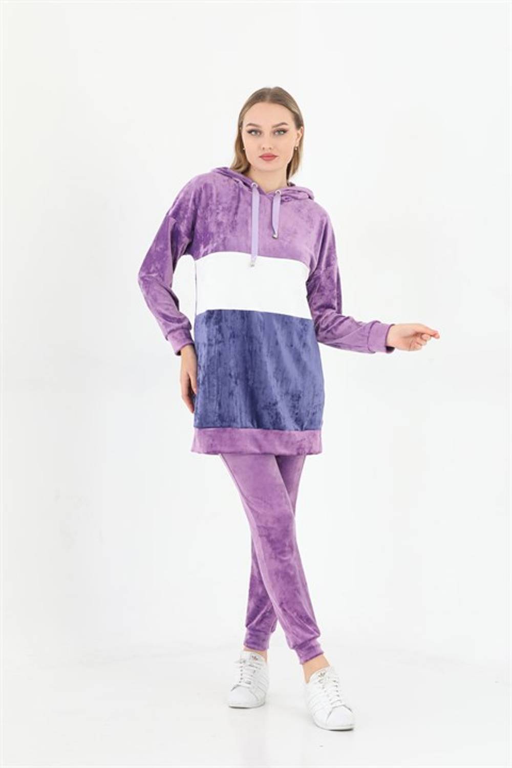 Fransız Kadife Kadın Kapüşonlu Lila Eşofman Takımı