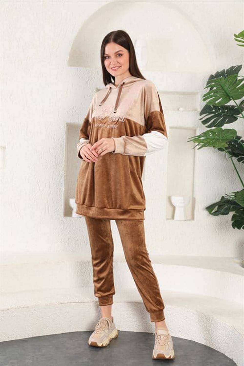 Fransız Kadife Peluş Kadın Eşofman Takımı -Kahve Renk