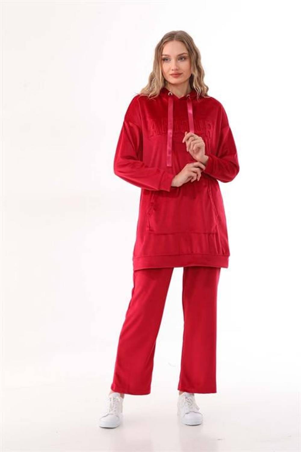 Women's RED Plush Velvet Casual Double Set