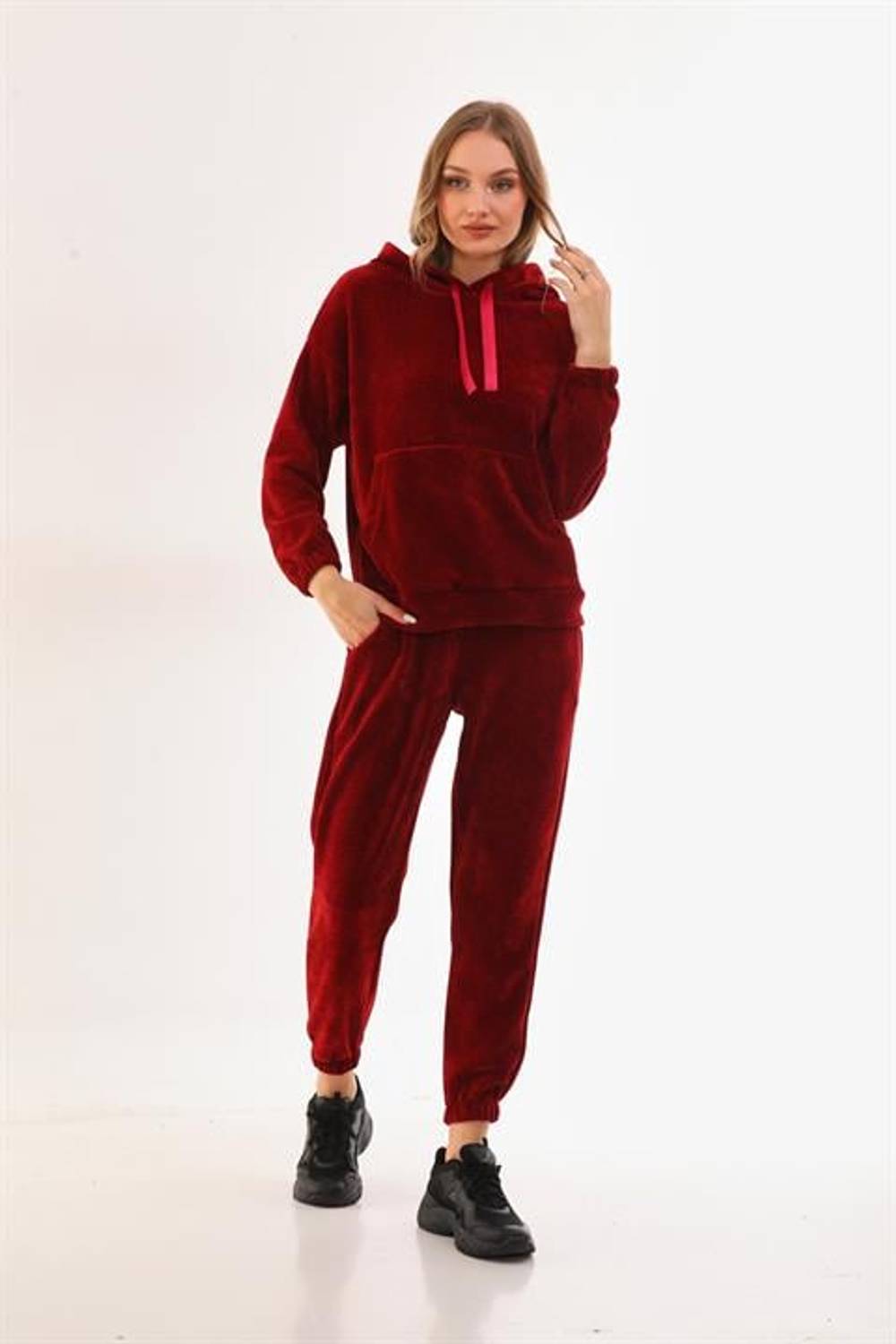 Women's Burgundy Color Corded Soft Velvet Tracksuit Set
