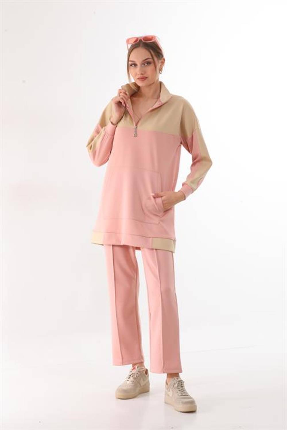 Kadın Somon Renk Desenli Spor İkili Günlük Takım