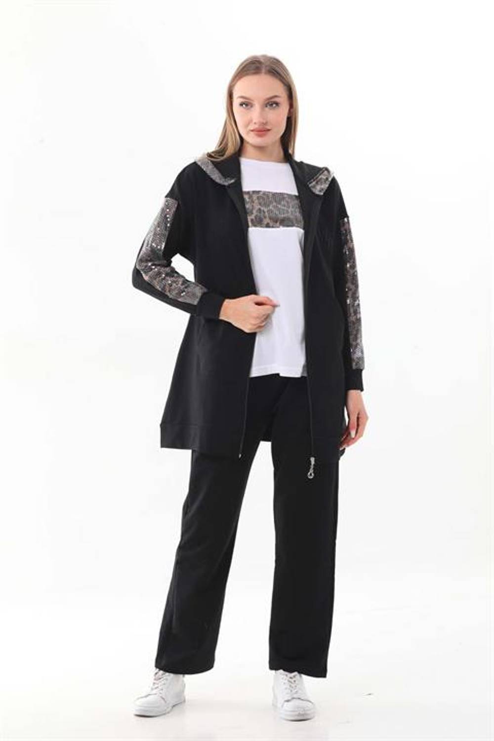 Женский черный спортивный комплект из трех частей с леопардовым пайеточным дизайном, высококачественный текстиль, свободный фасон, удобный и стильный